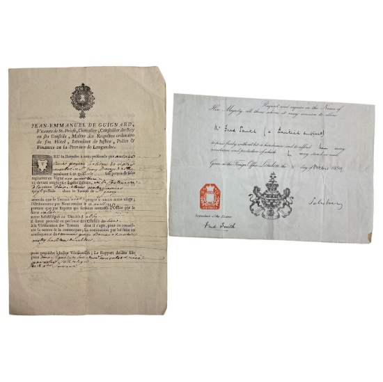 French Royal Decree Signed Document And British Travel Document for Mr. Fred Smith, Signed by Lord S