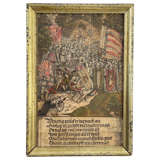 Early 16th-Century German Hand-Colored Woodcut Depicting a Battle Scene with Verse