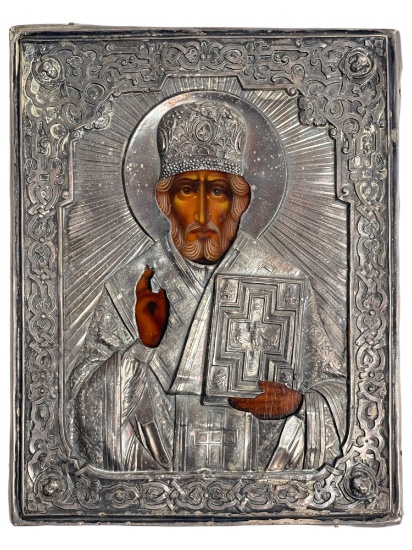 Antique Russian Orthodox Painted St. Nicholas Silver Icon