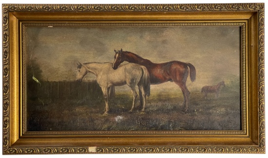 Antique Oil on Board Folk Art Horse Painting