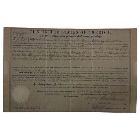 James Buchanan (1791-1868) 15th US President 1859 Signed Land Office Payment Certificate