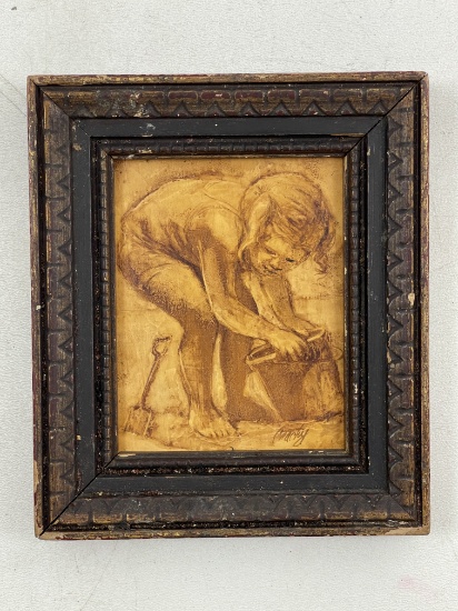 Antique Signed Painting on Wood Panel, Child Playing in Sand