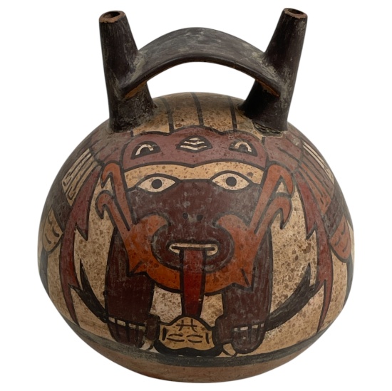 Ancient Nasca Bottle with Masked Figure Clay â€“ South Coast Peru Circa 200 BCE â€“ 500 CE