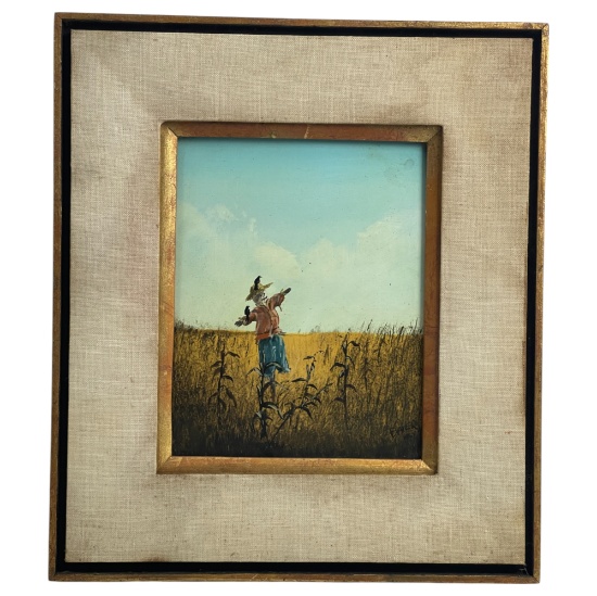 Josef Baier - Signed Oil on Wood Panel Scarecrow in Field Painting