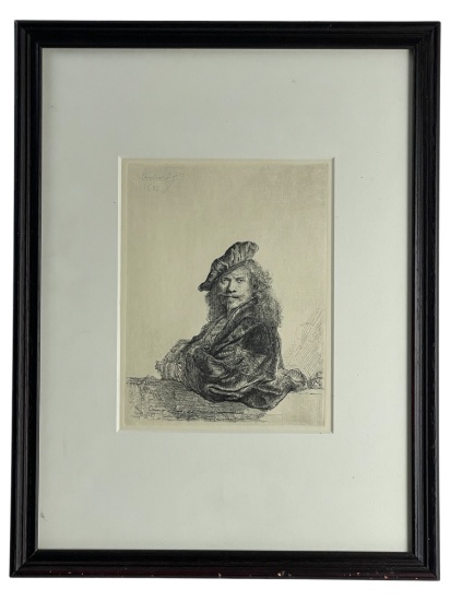 Rembrandt Self Portrait Leaning on a Still Stone Etching