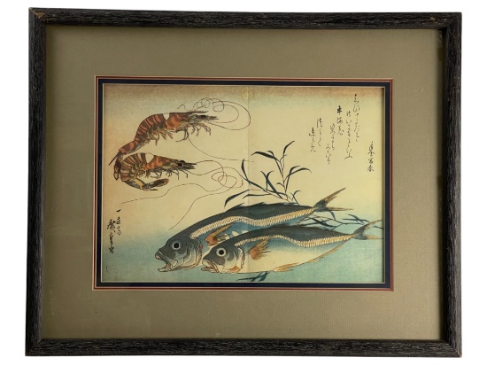 Utagawa Hiroshige - "Horse Mackerel and Tiger Prawn" Japanese Woodblock Print