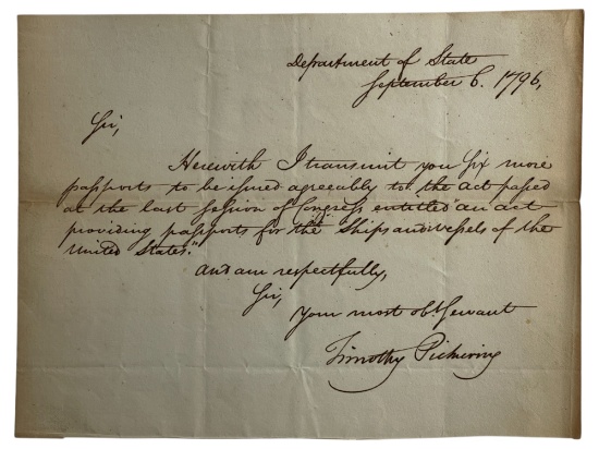 Timothy Pickery (1745-1829) - Former US Secretary of State Hand Written and Signed Letter 1796