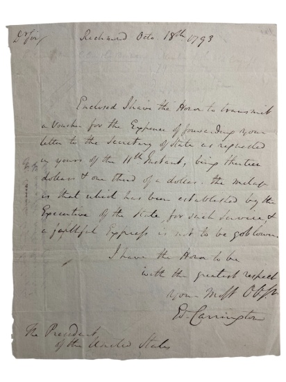 Edward Carrington (1748-1810) Lieutenant Colonel Revolutionary War Hand Written and Signed Letter to