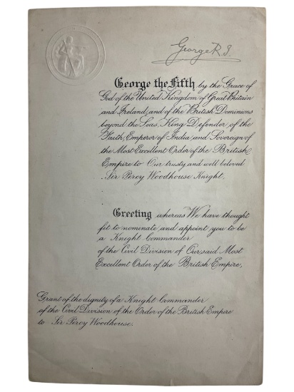 King George V Hand Signed Official Document Appointing New Knight Commander