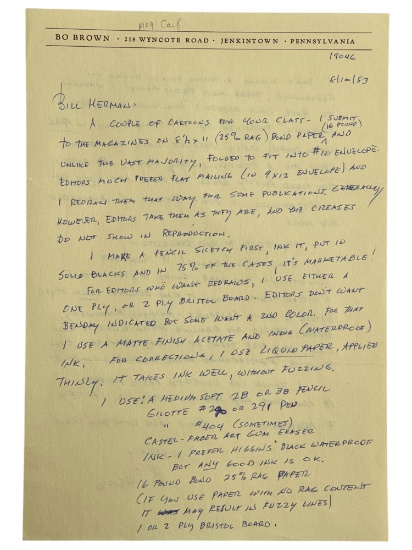 Bo Brown - American Cartoonist Hand Written and Signed Letter to Bill Herman