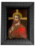 Antique Religious Oil on Metal Icon Paiting of Jesus Christ