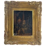 Antique Oil on Wood Panel Painting of Older Lady in Home