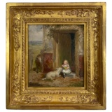 Antique Oil on Board Signed Painting of Little Girl and Farm Animals