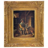 Antique Oil on Wood Panel Painting of Man Sitting in Home