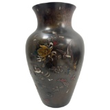 Japanese Antique Meiji Period Bronze Mixed Metal Inlay Enamel Vase