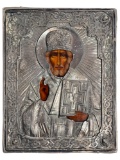 Antique Russian Orthodox Painted St. Nicholas Silver Icon
