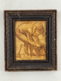 Antique Signed Painting on Wood Panel, Child Playing in Sand