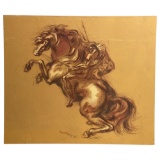 Umberto Romano, Man on Horseback Lithograph with Gouache Embellishment