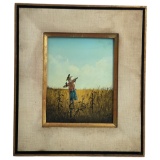 Josef Baier - Signed Oil on Wood Panel Scarecrow in Field Painting