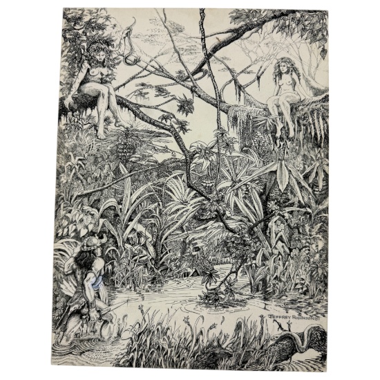 Vintage Pen & Pencil Warrior & Forest Nymph Drawing Signed By Jeffrey Robinson On Board, Measures at
