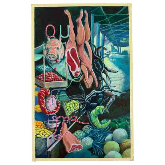 Vintage Unsigned Meat Market Surrealism Painting on Board