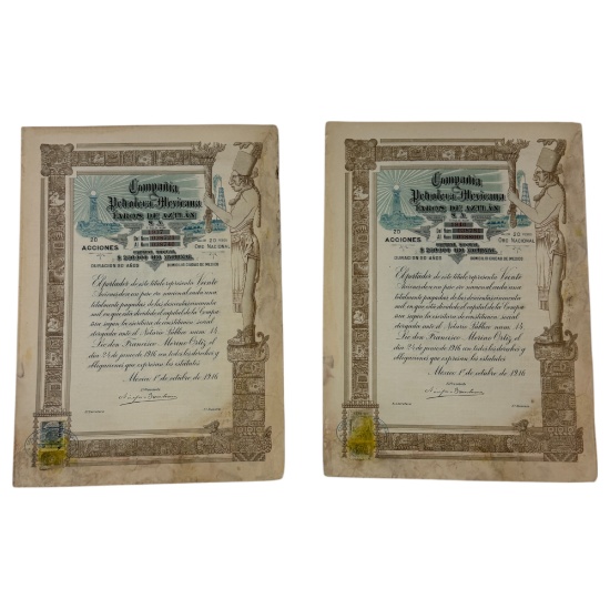 Antique Mexicana Compania Petrolera Stock Certificate Lot of 2