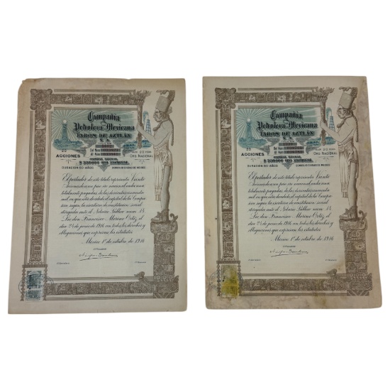 Antique Mexicana Compania Petrolera Stock Certificate Lot of 3
