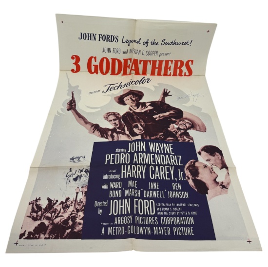 Vintage John Ford 3 Godfathers Movie Poster Signed By John Wayne
