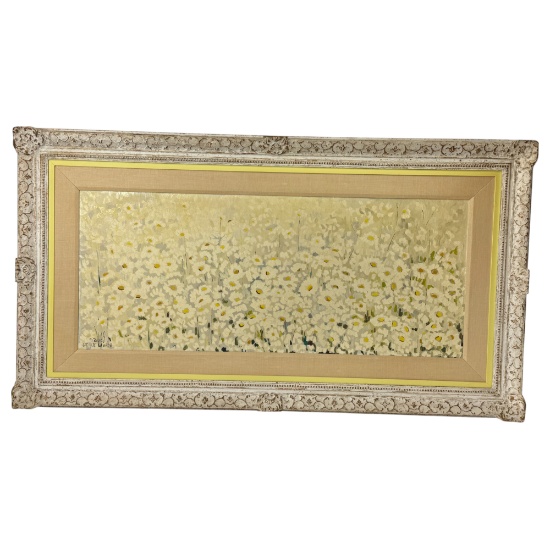 Vintage Mary Laufer 1965 Feild of Daisies Flower Painting on Board Signed