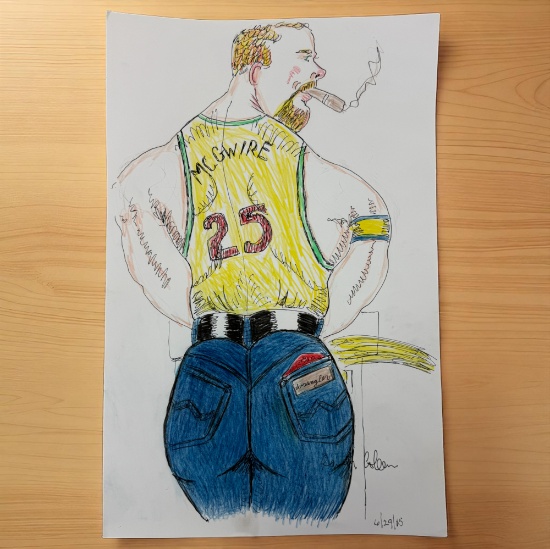 Vintage Randy Coleman Pen and Colored Pencil Drawing, Jeans an Jersey Man