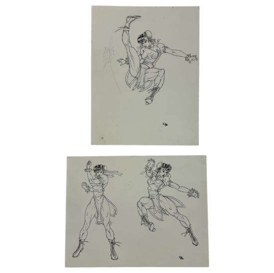 Vintage Street Fighter Pencil Drawing On Paper Of Chun Li, 9inx12in