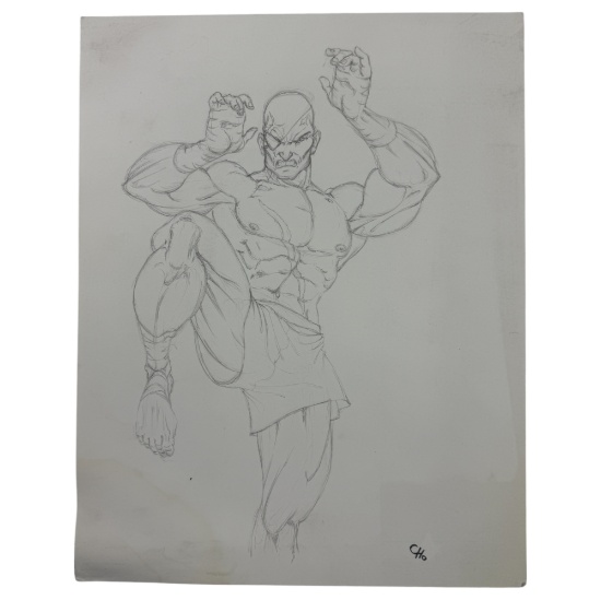 Vintage Street Fighter Double-Sided Pencil Drawing On Paper Of Sagat, 14inx11in