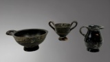 Three-Piece Greek Terracotta Group: Zenon Figurine and Blackware Vessels â€“ 1st Century BC