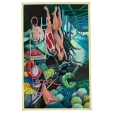 Vintage Unsigned Meat Market Surrealism Painting on Board
