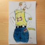 Vintage Randy Coleman Pen and Colored Pencil Drawing, Jeans an Jersey Man