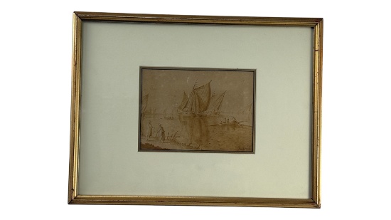 Antique Framed Sepia Drawing of Sailing Ships