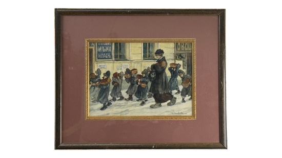 Framed Watercolor of Children Carrying Bricks