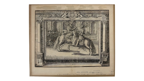 Antique Engraving Horsemen & Musicians Scene