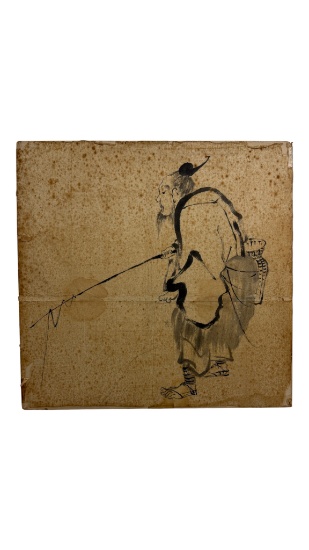 Asian Ink Painting Elderly Man with Cane