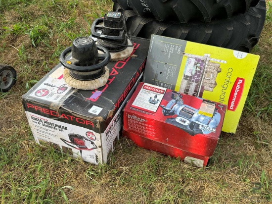 PREDATOR AUGER POWERHEAD WITH 6" BIT, NEW IN BOX 6 IN BENCH GRINDER, NEW IN BOX STORAGE SHELF, 2 CAR