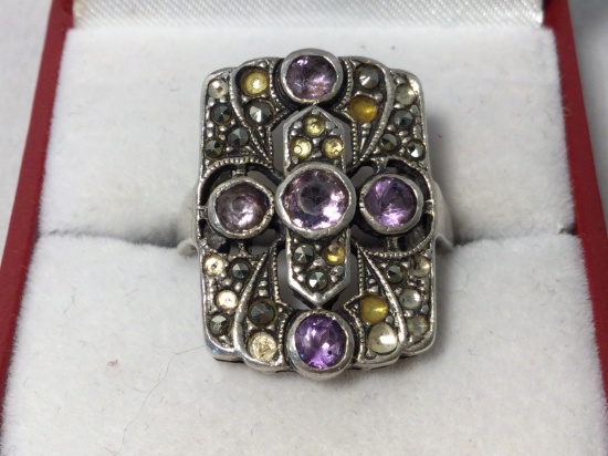 Ladie's Hand Crafted Sterling Silver Ring set with Amethyst Gemstones