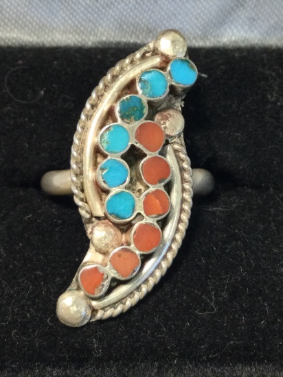 Ladie's Silver Native American Turquoise and Coral Ring