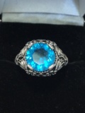 Fantastic Ladies 1900's Circa Filigree 3ct Blue Topaz Ring