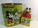 Classic Antique Mickey Mouse Jack in The Box and Metal Waste Can
