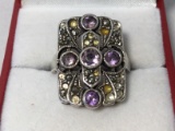 Ladie's Hand Crafted Sterling Silver Ring set with Amethyst Gemstones