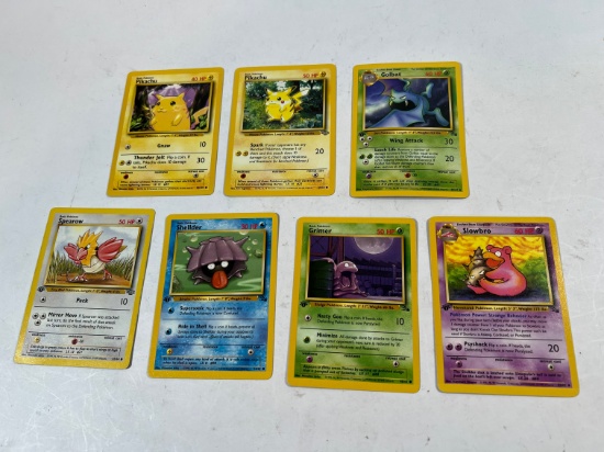 POKMON CARDS - 5 FIRST EDITIONS, 2 UNLIMITED PIKACHUS (1) YELLOW CHEEKS (1)