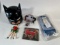 DC ASSORTED - HARLEY FUNKO, ROBIN 1989 FIGURE, BATMAN THERMOS, BAT/SUPER WA