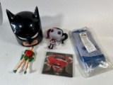 DC ASSORTED - HARLEY FUNKO, ROBIN 1989 FIGURE, BATMAN THERMOS, BAT/SUPER WA
