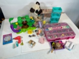 LOT - KIN CASES ASSORTED FIGURES, PLAYSETS, PUPPY, DOLL FURNITURE, ACCESSOR