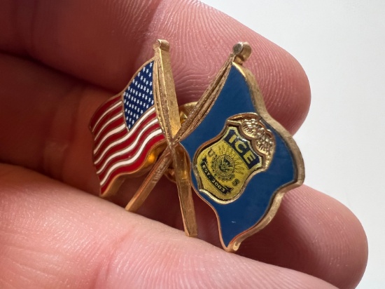 DEPARTMENT OF HOMELAND SECURITY CROSSED FLAGS PIN - USA, ICE BADGE